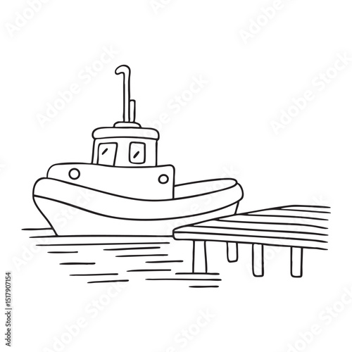 A tugboat anchored close to a wooden dock