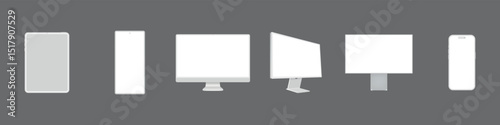 Clay Modern Realistic Computer Monitor, Tablet, Smartphone Vector Illustration with White Screen on gray background