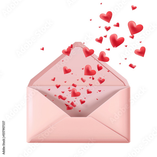 Bright pink envelope bursting with red hearts, perfect for love notes and romantic messages, conveying affection and warmth