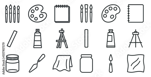 Art supplies collection featuring paintbrushes, palettes, and easels