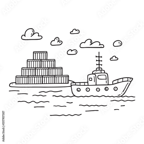 A tug beside a stack of containers at the harbor