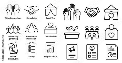 Community engagement icons for volunteer and charity projects
