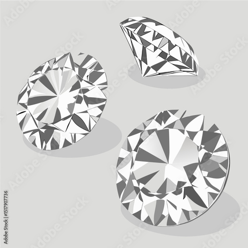 Sparkling Diamonds on Reflective Surface Close-up of sparkling diamonds placed on a reflective surface, showcasing their brilliance and clarity under soft lighting. 
