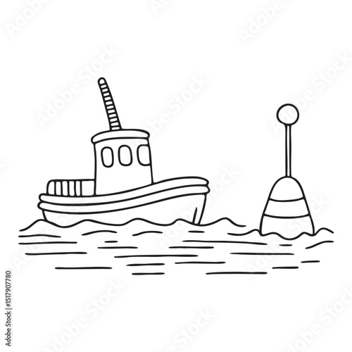 A tugboat cruising past a floating buoy