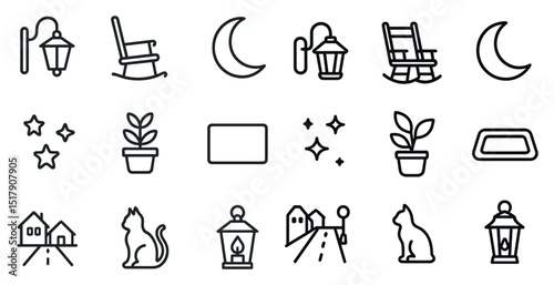 Cozy home elements and nighttime icons for decoration and design