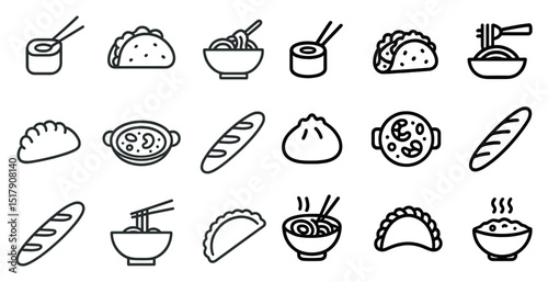 Collection of asian and european food icons for culinary designs and menus