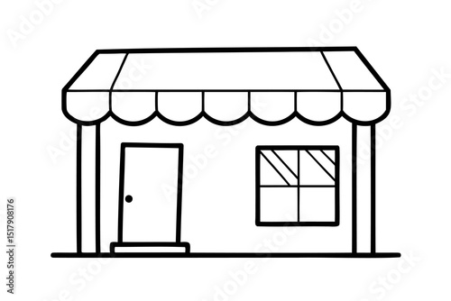 Simple line drawing of a small shop with awning