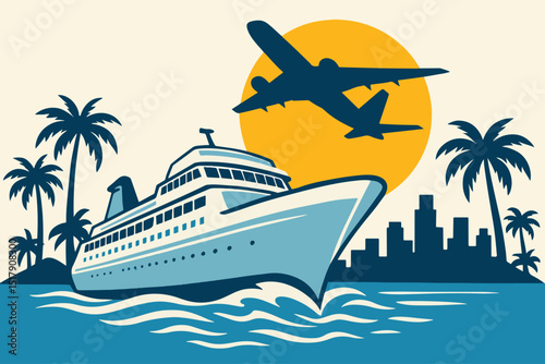 Cruise Ship and Airplane Travel Vector – Tropical Vacation Scene with Palm Trees and City Skyline