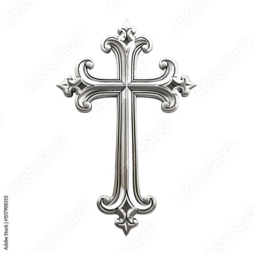 Ornate silver cross with intricate designs on a transparent background for spiritual decoration and symbolism
