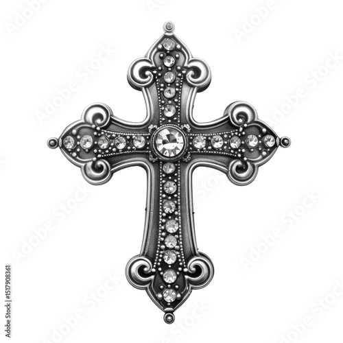Silver cross with intricate design and sparkling gemstones on a transparent background