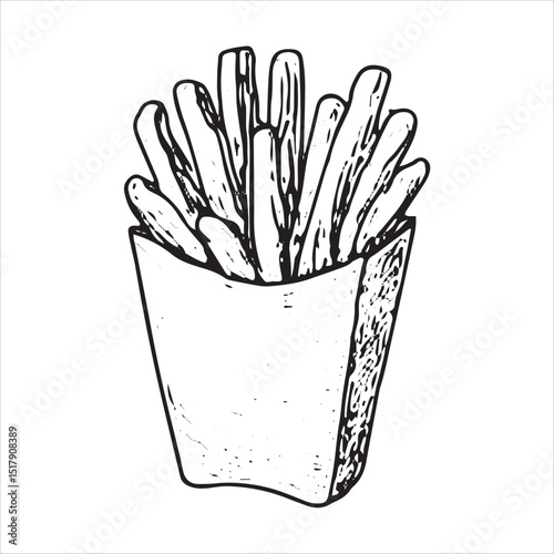 This vector shows a serving of crispy French fries, perfect for fast food, diner scenes, and American cuisine designs in a sketch style
