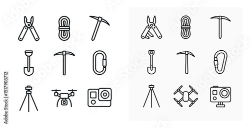 Outdoor adventure icons for hiking, climbing, drone photography, and camping