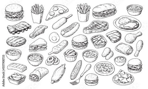 This vector showcases a variety of American dishes, including burgers, fries, pizza, hot dogs, steaks, pies, and more, in a detailed sketch style. Ideal for food themes and diner designs
