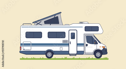 Illustration of a White RV Camper with Pop Up Top on Grass