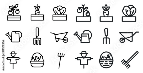 Garden icons for plant care and urban vegetable gardening design