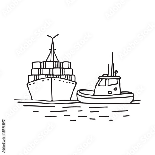 A tug positioned next to a moored cargo ship