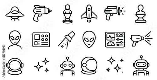 Futuristic space exploration and alien theme icons for digital design projects