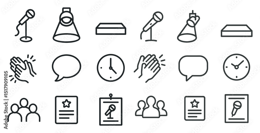 Minimalist icon set featuring microphones and communication symbols Minimalist icon set featuring microphones and communication symbols