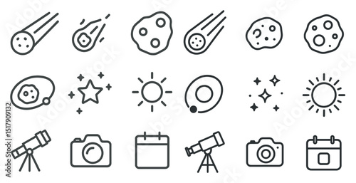 Astronomy icons - meteor, asteroid, orbit, telescope, and celestial elements