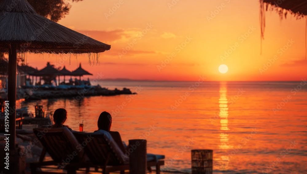 Fototapeta premium people lying on sun loungers and drinking cocktails at a sunset beach 