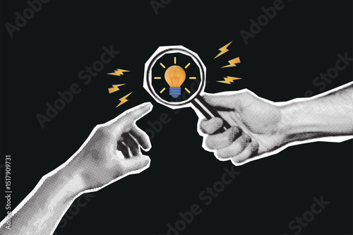 Retro collage with hands and magnifying glass. Halftone hand holds magnifying glass. Concept of new idea