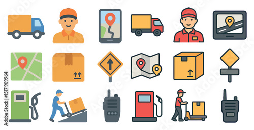Delivery and logistics icons for shipping and navigation design