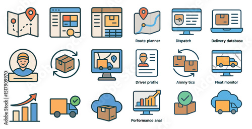 Logistics and delivery icons for route planning and performance analysis