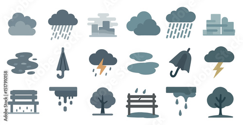 Rainy season elements featuring clouds, umbrellas, and lightning for weather-related designs