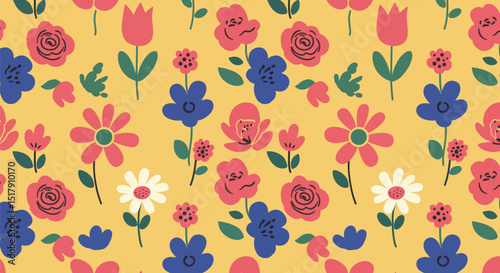 Wallpaper Mural Cheerful Floral Pattern with Tulips Roses Daisies and Blue Flowers on a Yellow Background Torontodigital.ca
