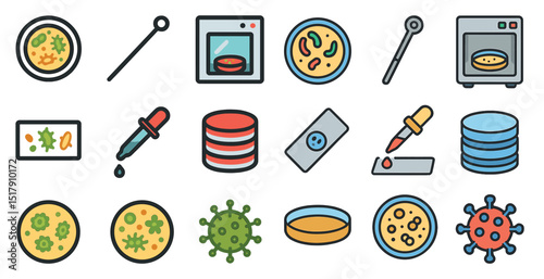 Microbiology lab equipment: petri dishes, bacteria, and viruses icons for scientific designs