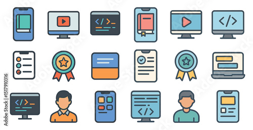 Colorful digital icons for web development and online learning design