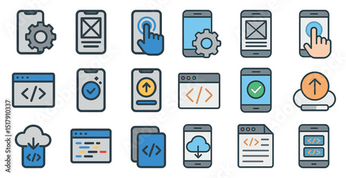 Mobile app development icons for user interface and cloud integration design