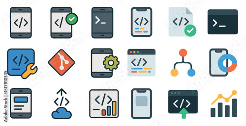Coding and development icons for app interface and programming design