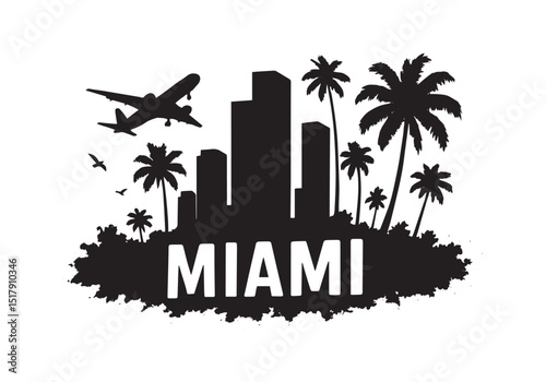 Miami City Skyline with Palm Trees and Airplane – Urban Travel Vector Silhouette