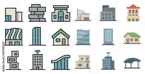 Diverse building icons collection for urban and architectural design projects
