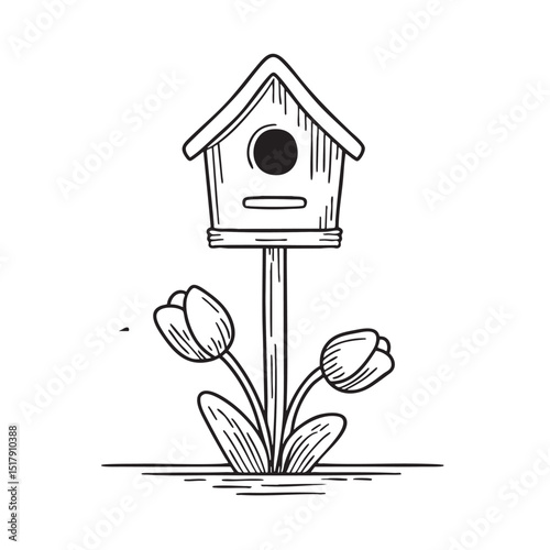 A tulip emerging beneath a birdhouse stand