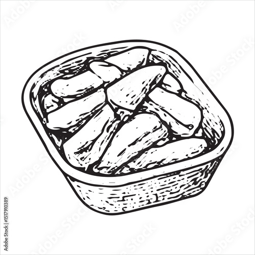 A vector illustration of a serving dish filled with crispy, golden French fries, a classic American side dish. Perfect for any meal, representing comfort food and fast food culture