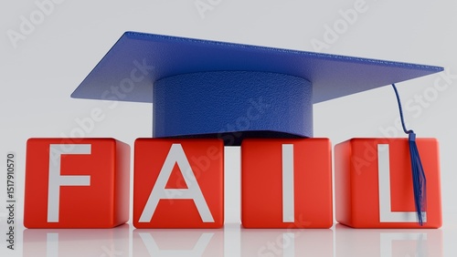 Fotografie 3D rendering of blocks arranged in a row, spelling out the word FAIL in prominent red letters and a blue graduation cap or mortarboard