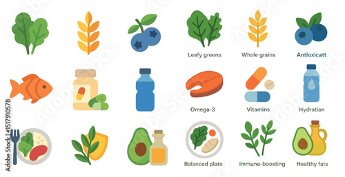 Healthy diet essentials: leafy greens, whole grains, omega-3, and vitamins for wellness