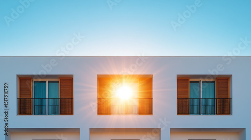 Sunrise glows symmetrically through modern window lattice, invoking Day of the Architect, zenith of minimalist design celebration