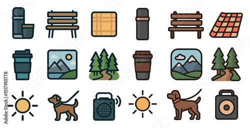 Outdoor adventure and hiking icons for nature and camping design