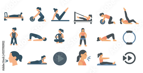 Pilates exercise icons for fitness and wellness design projects