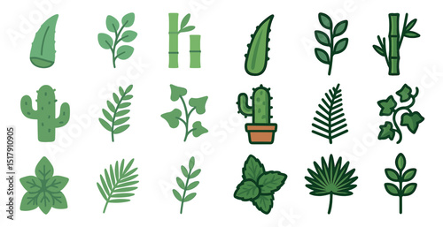 Collection of green leaf and plant icons for nature and design projects