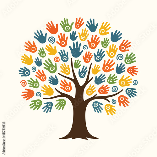 Colorful Handprint Tree Vector – Diversity, Inclusion, and Community Growth Symbol