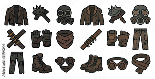 Post-apocalyptic gear icons for design in survival themes
