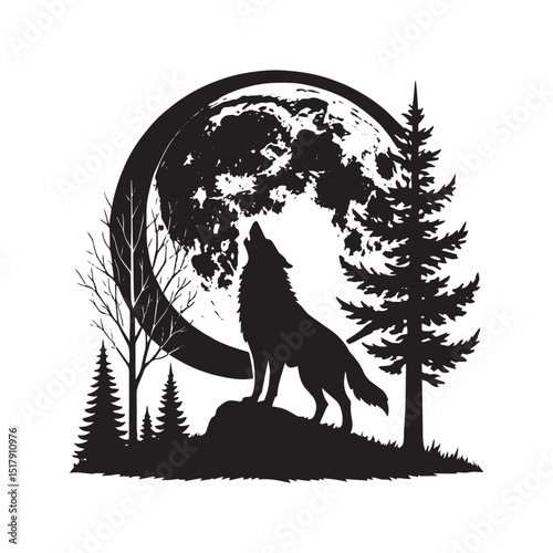 Howling Wolf Silhouette with Full Moon and Pine Trees – Wilderness Wildlife Vector Art