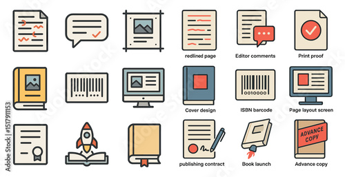 Publishing process icons for book design and editorial workflow