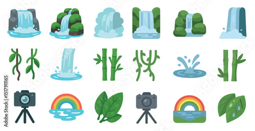 Collection of cartoon waterfalls and nature elements for design projects