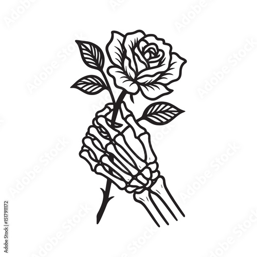 Skeleton hand holding rose flower vector illustration
