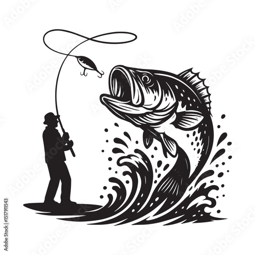 Vintage Fisherman Catching Big Bass – Black and White Fishing Vector Illustration